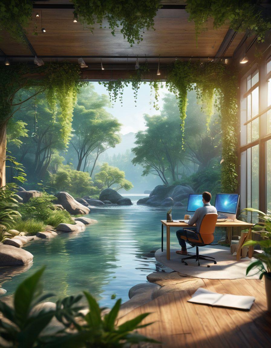 A serene landscape depicting a peaceful software developer in a cozy workspace, surrounded by floating elements of code, symbols of EJB (Enterprise JavaBeans), and calming nature visuals like trees and a river flowing, illustrating the transition from complex coding to tranquility and satisfaction in application development. The scene is bathed in soft, soothing colors evoking a sense of bliss. super-realistic. vibrant colors. tranquil ambiance.