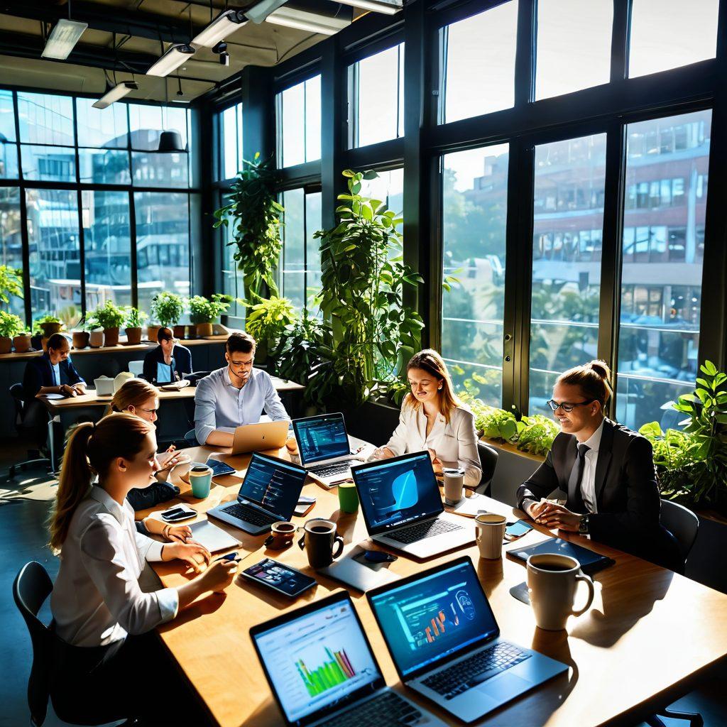 A lively office scene showcasing diverse professionals collaborating around a table filled with coffee cups and vibrant Java Beans. Bright sunlight streams through large windows filled with greenery, embodying a productive and joyful atmosphere. Infographics depicting software growth and efficiency surround them, symbolizing business elevation. The background features modern technology gadgets to illustrate innovation. vibrant colors. modern art.